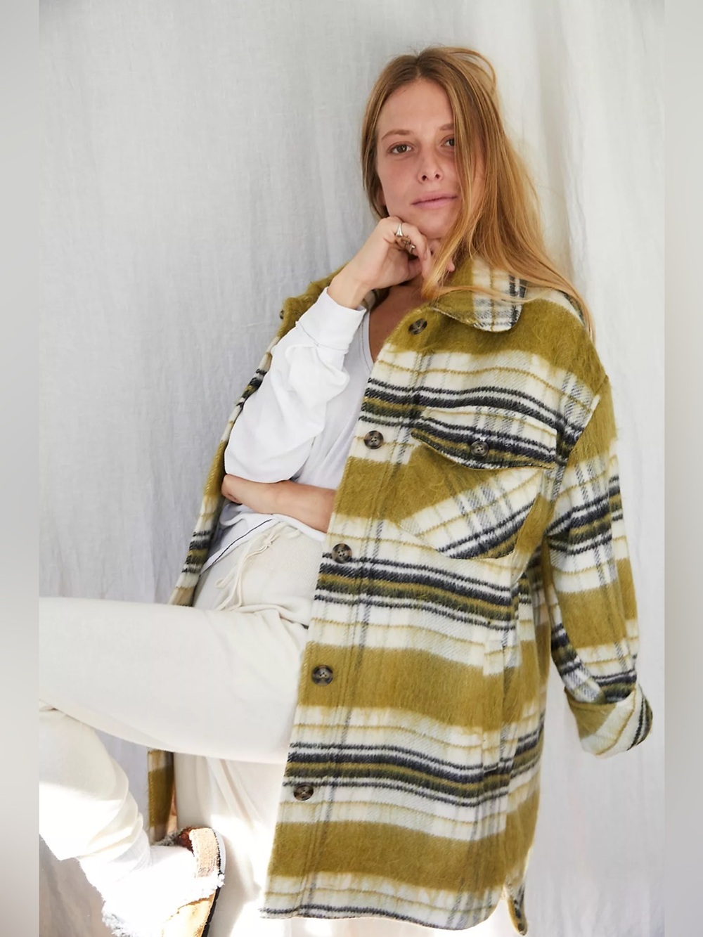 We the Free Vienna Shirt Jacket Plaid Shacket in Olive & Ivory